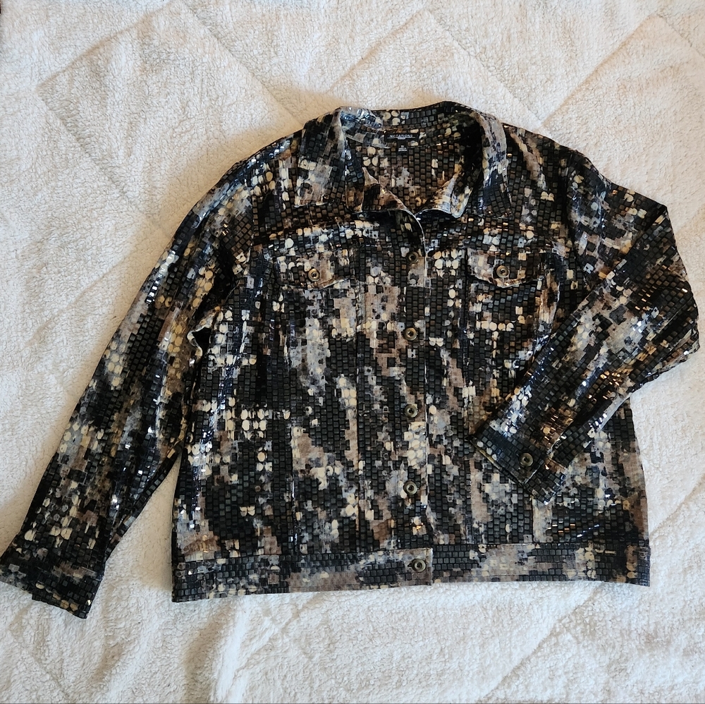 Women's 3x Notations Sequin Snake Print Button Up Jacket Shiny Silver and Black